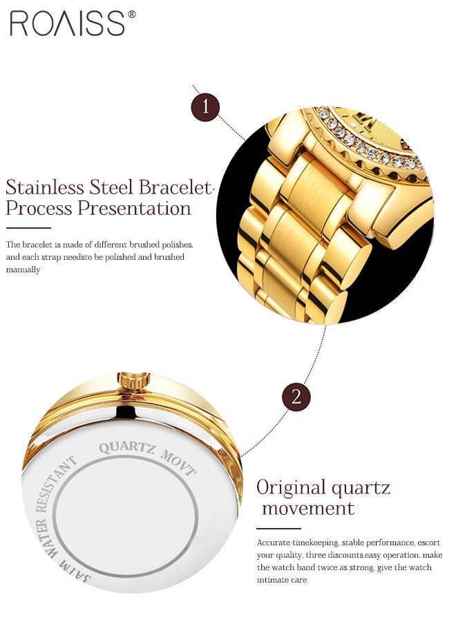 Men's Stainless Steel Strap Quartz Watch Analog Display Round Gold Dial with Rhinestone-set Bezel Waterproof Luminous Wristwatch as Gift for Men