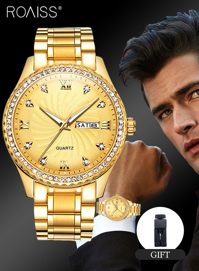 Men's Stainless Steel Strap Quartz Watch Analog Display Round Gold Dial with Rhinestone-set Bezel Waterproof Luminous Wristwatch as Gift for Men