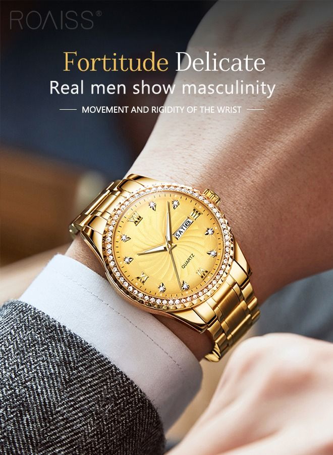 Men's Stainless Steel Strap Quartz Watch Analog Display Round Gold Dial with Rhinestone-set Bezel Waterproof Luminous Wristwatch as Gift for Men
