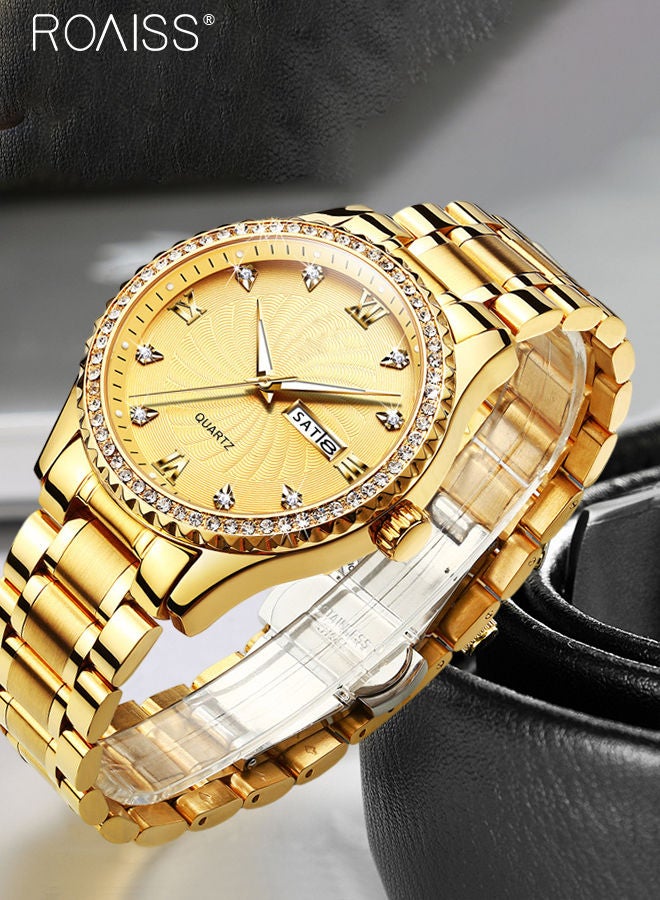 Men's Stainless Steel Strap Quartz Watch Analog Display Round Gold Dial with Rhinestone-set Bezel Waterproof Luminous Wristwatch as Gift for Men