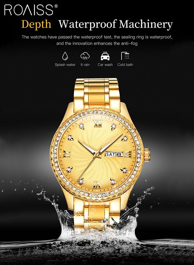 Men's Stainless Steel Strap Quartz Watch Analog Display Round Gold Dial with Rhinestone-set Bezel Waterproof Luminous Wristwatch as Gift for Men
