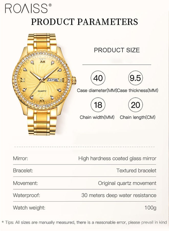 Men's Stainless Steel Strap Quartz Watch Analog Display Round Gold Dial with Rhinestone-set Bezel Waterproof Luminous Wristwatch as Gift for Men