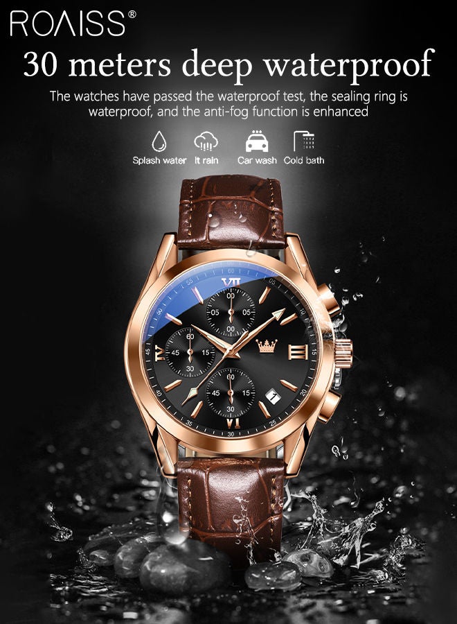 Men's Leather Strap Chronograph Quartz Watch Round Black Dial with Rose Gold Bezel Waterproof Luminous Wristwatch as Gift for Men