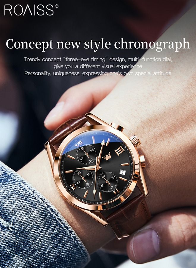 Men's Leather Strap Chronograph Quartz Watch Round Black Dial with Rose Gold Bezel Waterproof Luminous Wristwatch as Gift for Men
