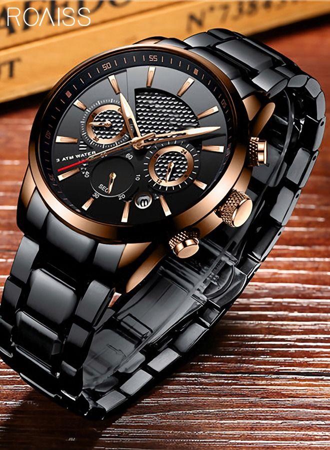 Stainless Steel Strap Quartz Watch for Men, Analog Display Round Dial , Waterproof Luxurious Business Casual Chronograph Wristwatch with Date as A Gift for Male