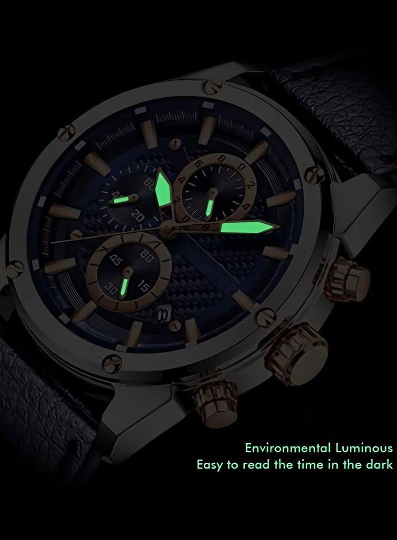 Business Casual Wristwatches for Men Multifunction Waterproof Luminous Calendar Leather Band Fashion Watch as Gift for Male