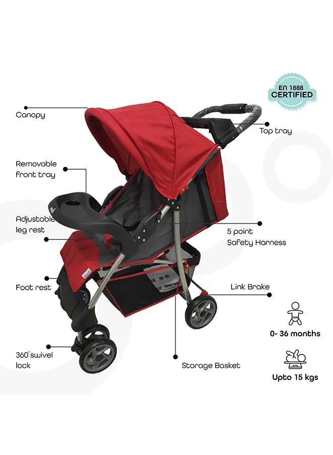 Easy  One Hand Fold Stroller, Multi-Postion Reclining Seat For Infant -Fire Red