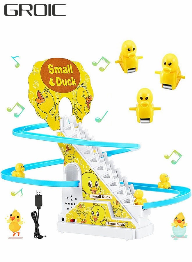 Fun Playful Yellow Duck Race Set with Flashing Lights & Music,Climb Stairs Toy Roller Coaster Toy, Jolly Duck Slide Playset