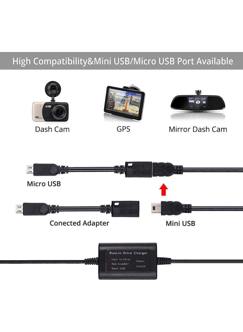10ft Hard Wire Kit for Dash Cam with Mini/Micro/Micro2 Fuse 12V-24V to 5V Dash Cam Hardwire Kit
