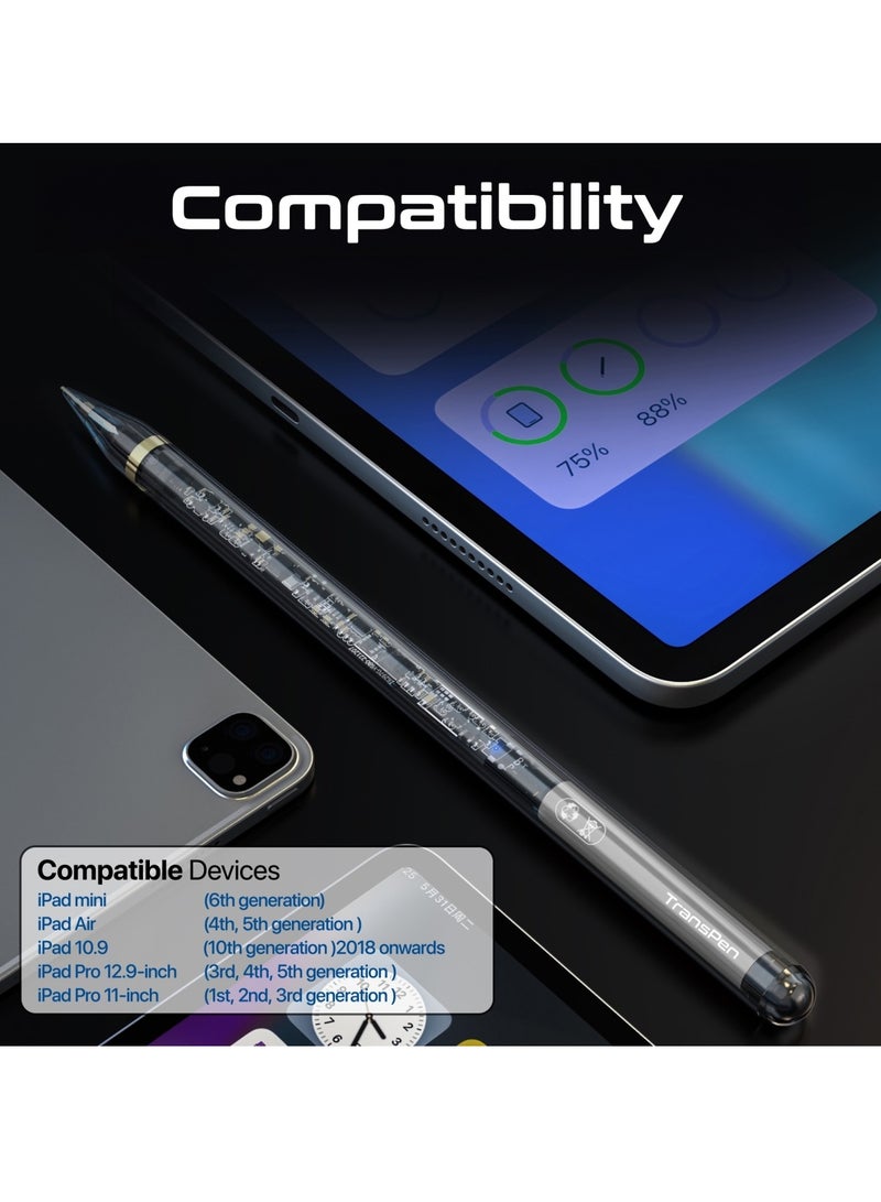 Transparent Stylus Pencil With Magnetic Wireless Charging, 8-Hour Battery Life, Replaceable Nib, Palm Rejection And Tilt Recognition For iPad Pro 11/12.9, iPad 10/9/8/7/6 Black