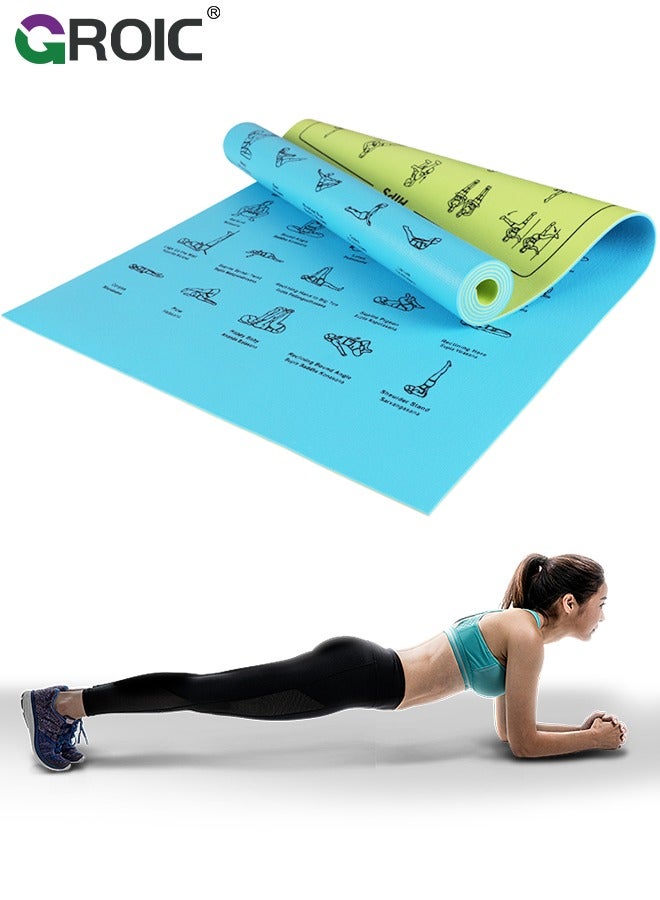 Fitness Yoga Mat for Women and Men - Large, 4mm Thick, 68 Inch *24 Inch, Non Slip Exercise Mats w/ 70 Printed Yoga Poses for Pilates, Workout and Stretching - Home and Gym Essentials