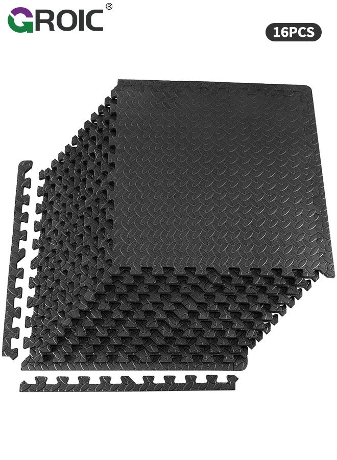 16 Pack Puzzle Exercise Floor Mat, EVA Foam Mats with Interlocking Floor Tiles, 12'' x 12'' Foam Gym Mat, Protective Flooring Mats Interlocking for Home and Gym Equipment(Black)