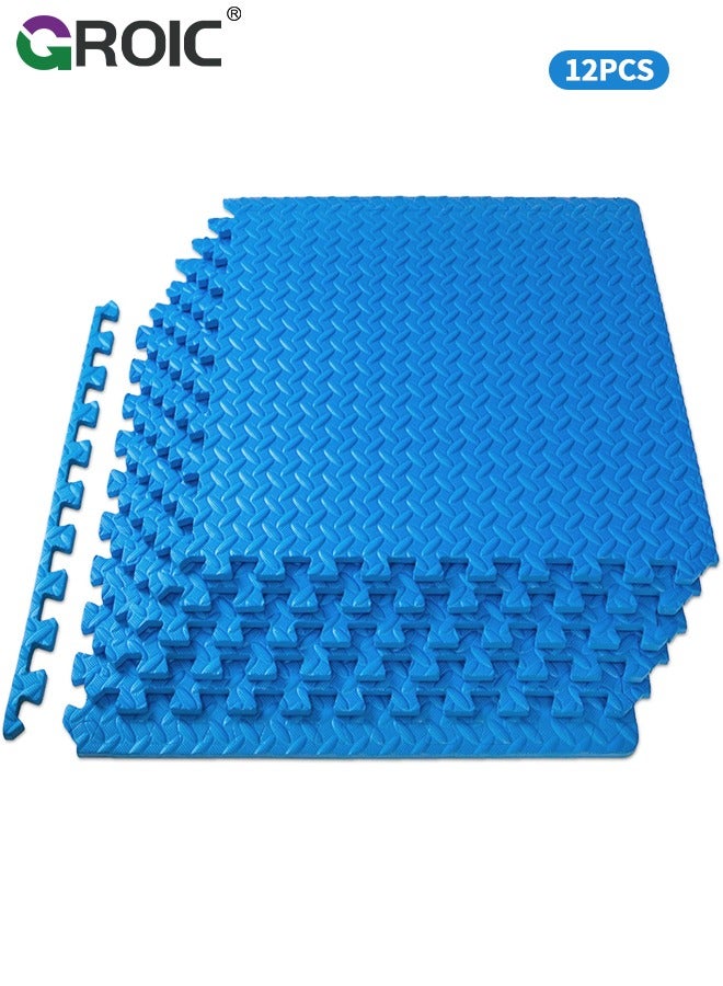 12 Pack Puzzle Exercise Floor Mat, EVA Foam Mats with Interlocking Floor Tiles, 12'' x 12'' Foam Gym Mat, Protective Flooring Mats Interlocking for Home and Gym Equipment(Blue)