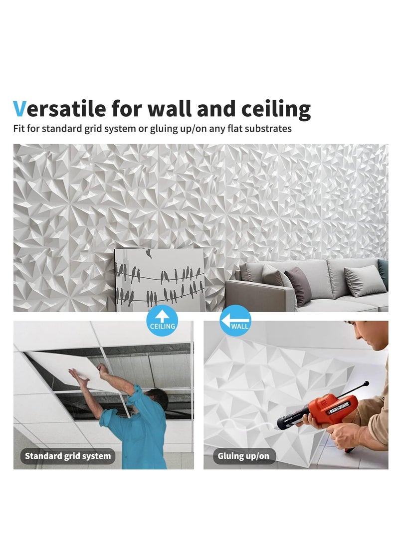 12 Pack 3D Wall Panels 3D Texture Wallpaper Panel Small Diamond Design Decorative Wall Covering 30x30cm White