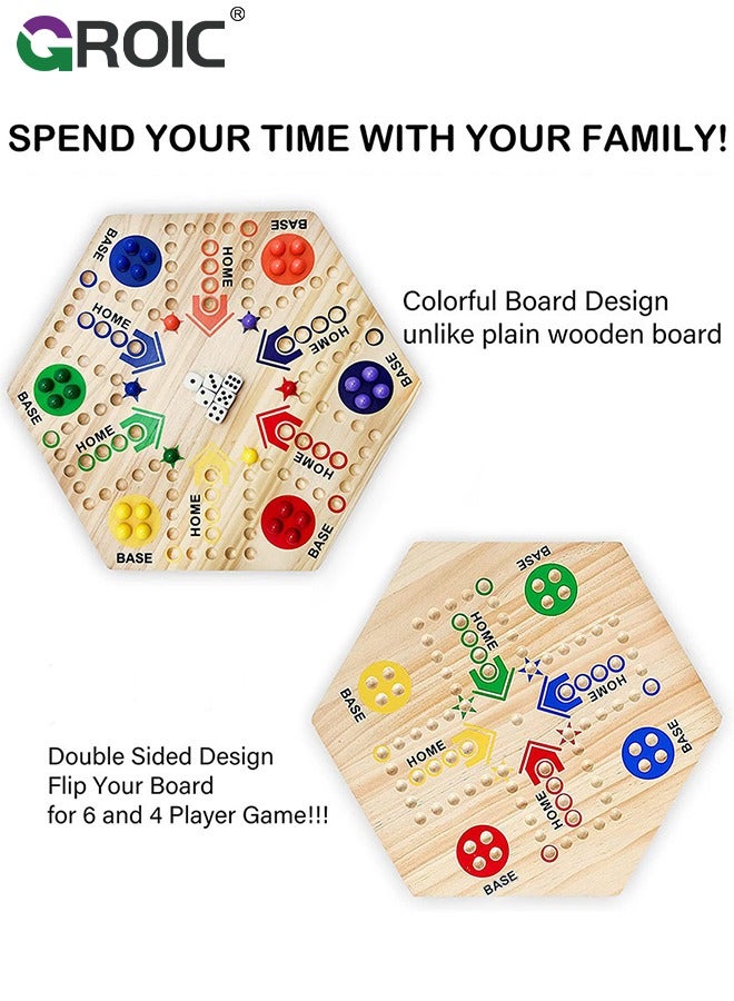 Wooden Board Game,Large Size Original Marble Game Board Game Double Sided Painted 6&4 Player,Fast Track Board Game Wooden with 6 Colors 24 Marbles 6 Dice