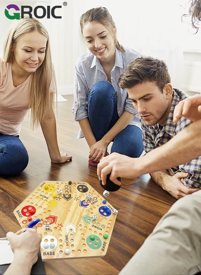 Wooden Board Game,Large Size Original Marble Game Board Game Double Sided Painted 6&4 Player,Fast Track Board Game Wooden with 6 Colors 24 Marbles 6 Dice