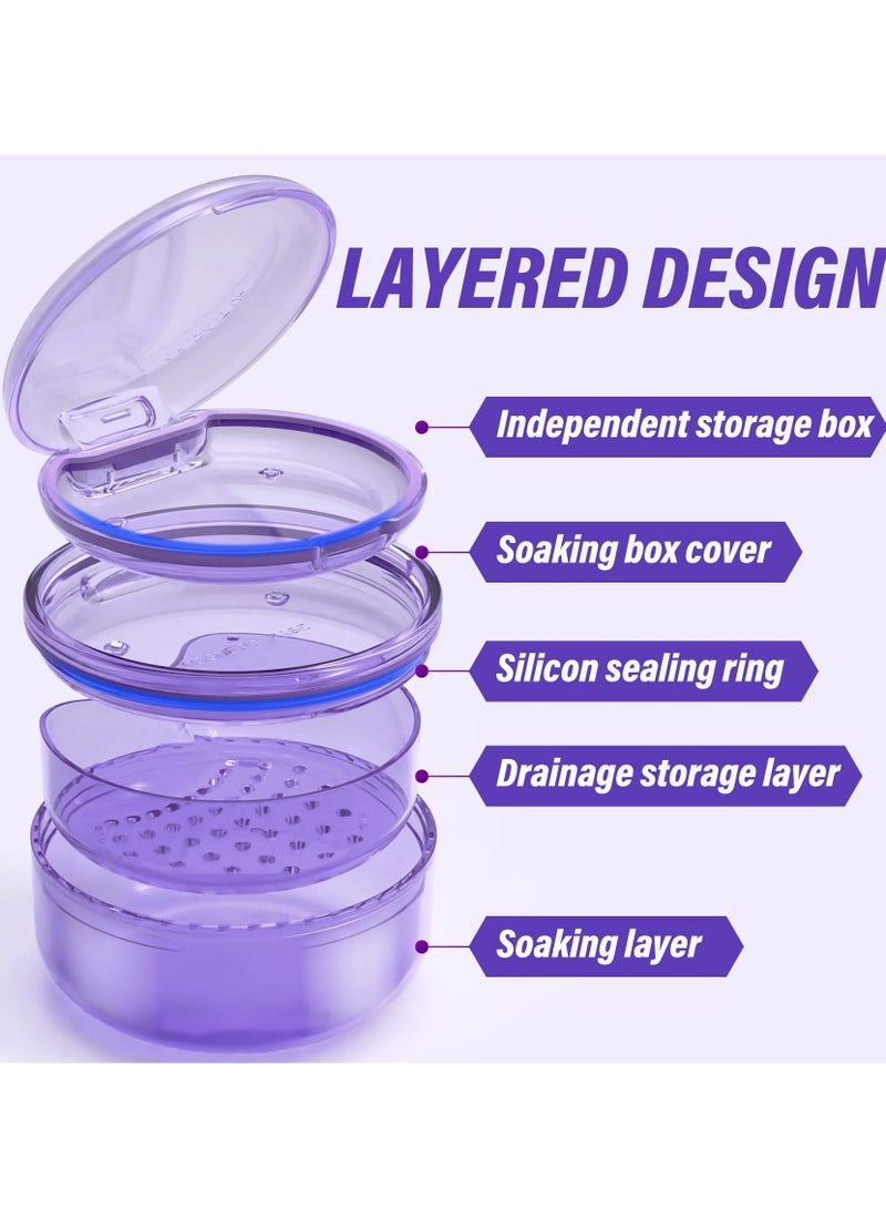 2 in 1 Retainer Case, Clear Denture Case with Strainer Basket, Large Denture Bath Box for Travel, Mouth Guard Cleaning Case, Braces Holder and Soak Container, Purple