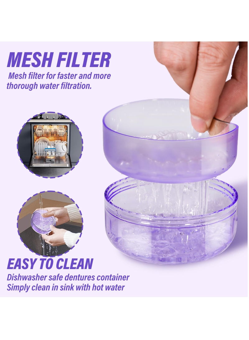 2 in 1 Retainer Case, Clear Denture Case with Strainer Basket, Large Denture Bath Box for Travel, Mouth Guard Cleaning Case, Braces Holder and Soak Container, Purple