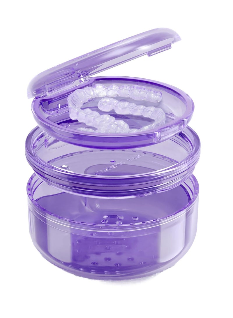 2 in 1 Retainer Case, Clear Denture Case with Strainer Basket, Large Denture Bath Box for Travel, Mouth Guard Cleaning Case, Braces Holder and Soak Container, Purple