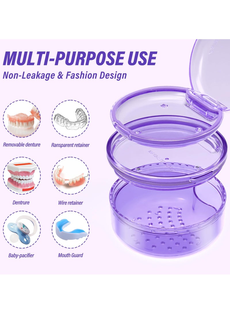 2 in 1 Retainer Case, Clear Denture Case with Strainer Basket, Large Denture Bath Box for Travel, Mouth Guard Cleaning Case, Braces Holder and Soak Container, Purple