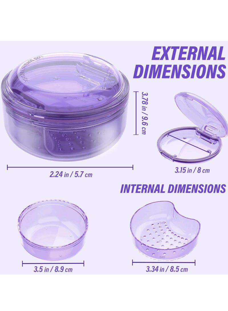 2 in 1 Retainer Case, Clear Denture Case with Strainer Basket, Large Denture Bath Box for Travel, Mouth Guard Cleaning Case, Braces Holder and Soak Container, Purple