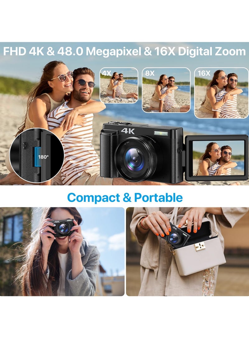 4K Digital Camera for Photography Auto Focus 48MP 4K Camera with SD Card, 180° 3.0 Inch Flip Screen Vlogging Camera with 16x Digital Zoom, Anti-Shake, 1 Batteries