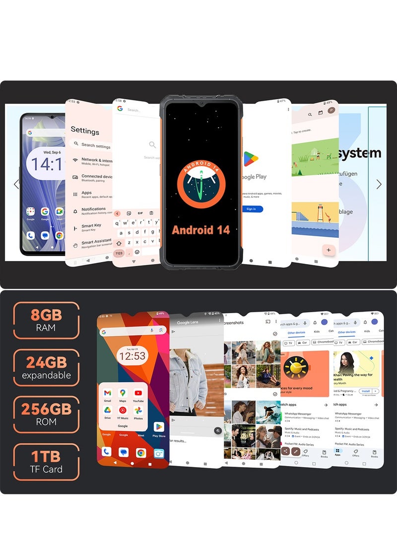 KINGKONG ACE 3 Rugged Phone 6.583'' 90Hz FHD+ Display Android 14 8GB RAM 256GB ROM 100MP + 32MP Camera Waterproof Rugged Slim Mobile Fast Charging 5100mAh Battery Black-Orange