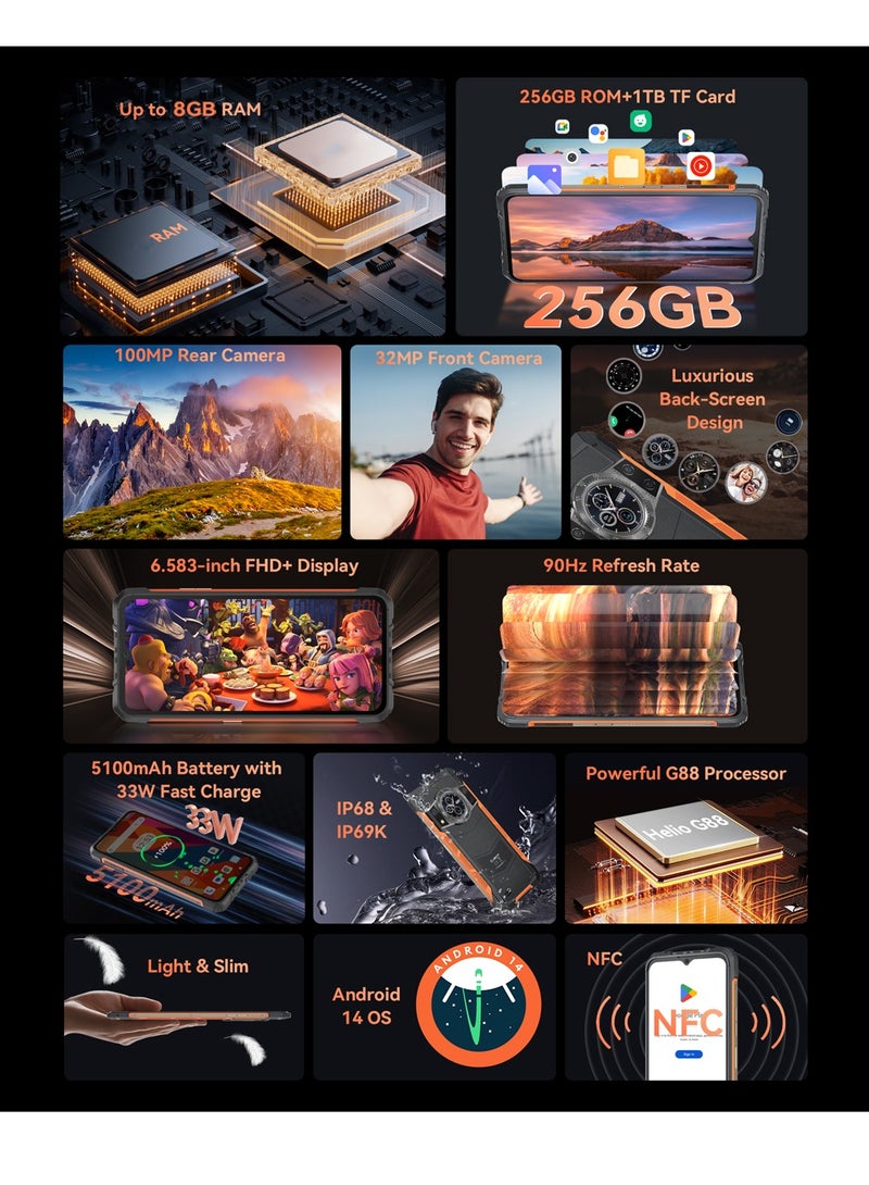 KINGKONG ACE 3 Rugged Phone 6.583'' 90Hz FHD+ Display Android 14 8GB RAM 256GB ROM 100MP + 32MP Camera Waterproof Rugged Slim Mobile Fast Charging 5100mAh Battery Black-Orange