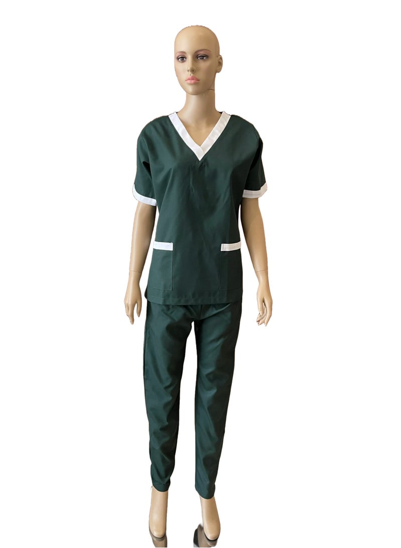 V-Neck Scrub Suit for Nurses and Housekeepers, Short Sleeve with White Piping