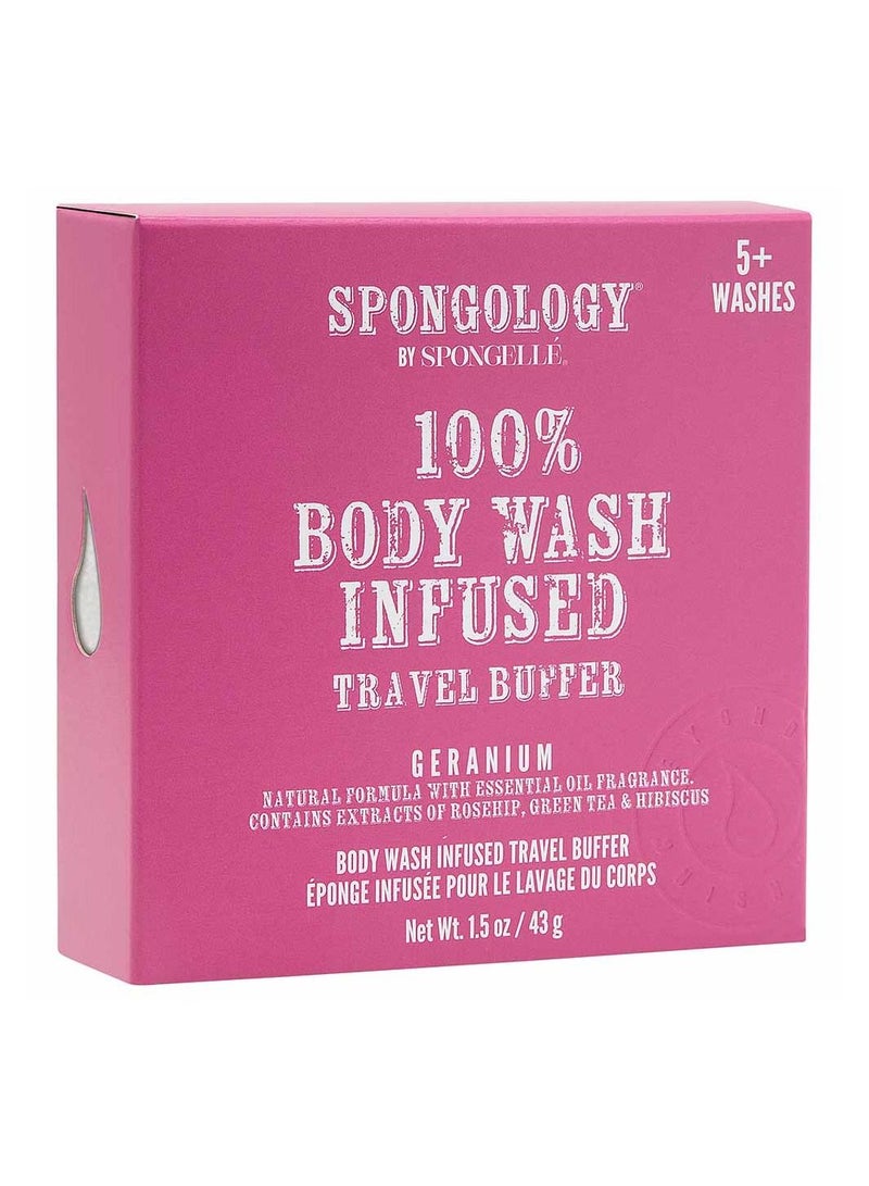 Spongellé Spongology Geranium Travel Buffer- 1 unit, 5+ Washes, Cruelty-Free, Exfoliating Bath Sponge with Rosehip and Hibiscus Extracts