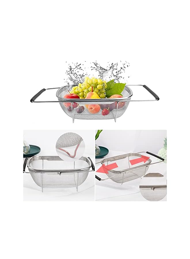 Stainless Steel Over the Sink Colander Strainer Basket，Draining Basket，Sink Basket，Sink with Rubber Grip, Fine Mesh, Large Kitchen Gadgets Tools，Strainer Home Kitchen Essentials