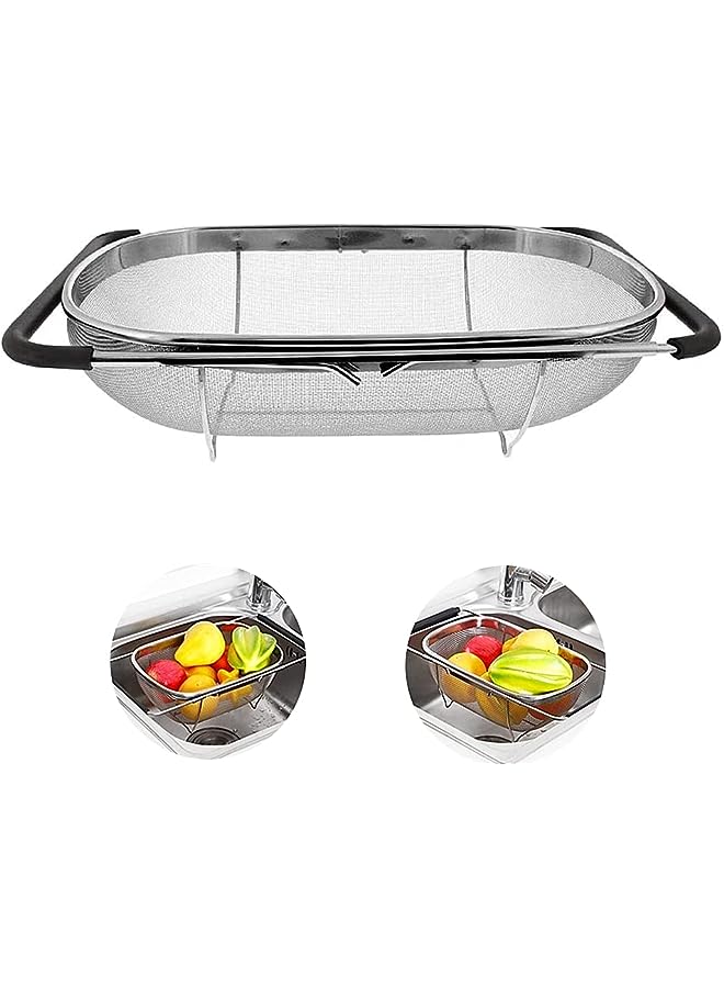 Stainless Steel Over the Sink Colander Strainer Basket，Draining Basket，Sink Basket，Sink with Rubber Grip, Fine Mesh, Large Kitchen Gadgets Tools，Strainer Home Kitchen Essentials