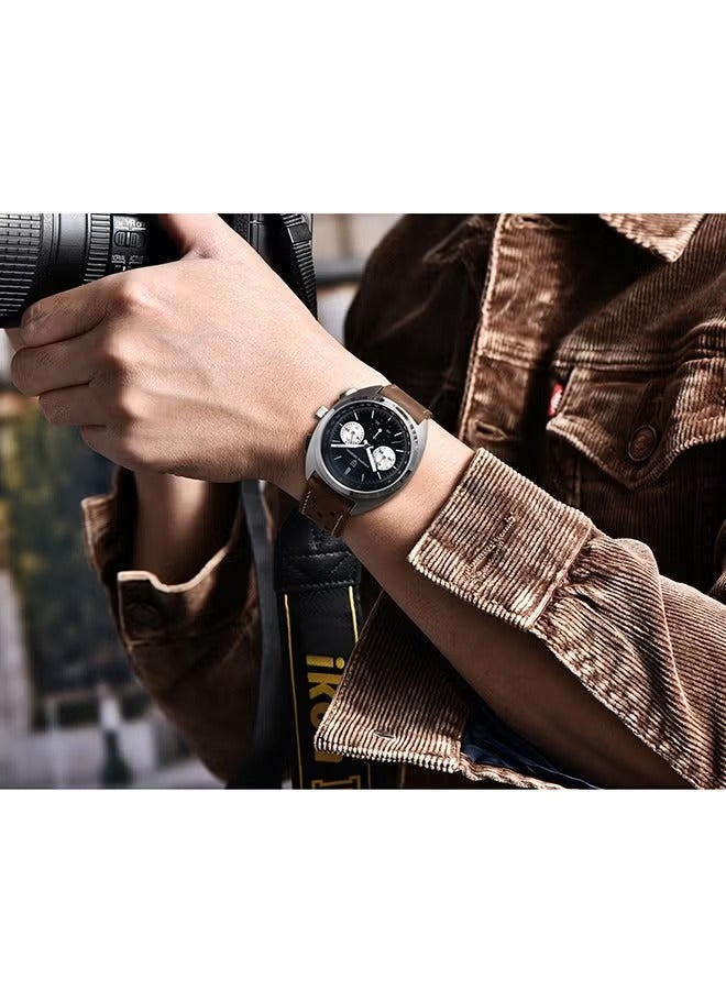 Men's Quartz Retro Watches, Sports Chronograph Waterproof Fitness, AR Synthetic Sapphire VK63 Movement, Brown Strap, Black Dial