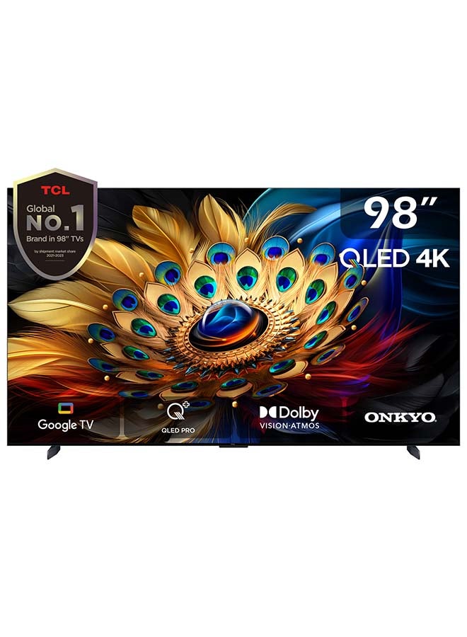 98 Inch 4K QLED Pro Smart Google TV, HDR 10+, Dolby Vision Atmos, 144Hz VRR+240Hz DLG, ONKYO 2.1ch, Slim & Uni-body Design (2024 Model) 98C655 Black