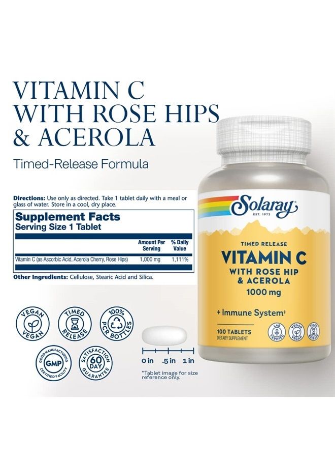 Vitamin C w/Rose HIPS & Acerola, 1000mg, Two-Stage Timed-Release Healthy Immune Function (100 Servings, 100 Tablets)