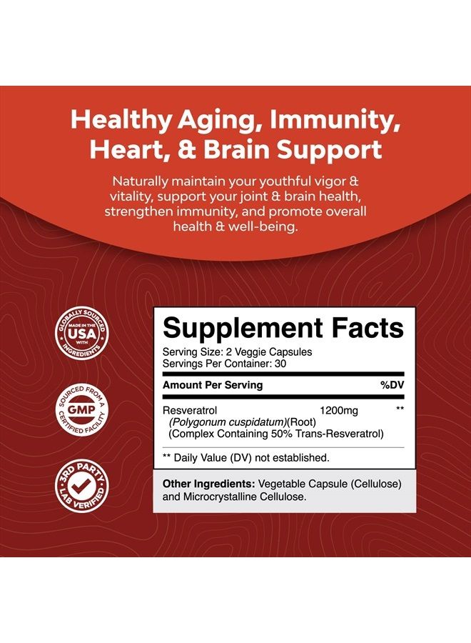 Youthful Trans Resveratrol Supplement - Natural Joint Support Supplement - Optimized Resveratrol Capsules With AMPK Activator Brain Booster Immune Support and Heart Health Supplement