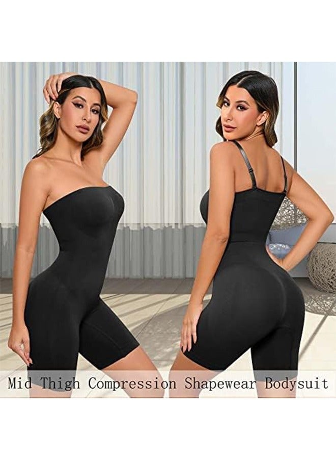 Women's Shapewear Bodysuits Tummy Control Lifter Body Shaper Strapless Seamless Mid Thigh Jumpsuit Tops (Black)