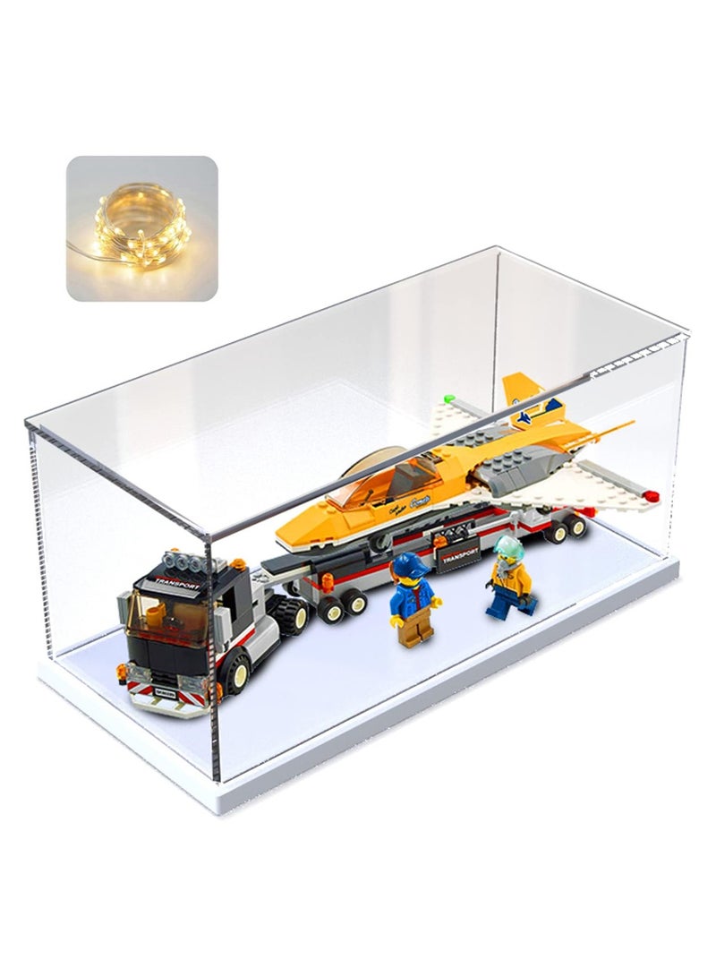 Clear Acrylic Display Case for Lego Collectibles, Assemble Box Dustproof Protection with White Wood-Plastic Base & String Light 15.7x7.9x7.9in Brand: ELEpure