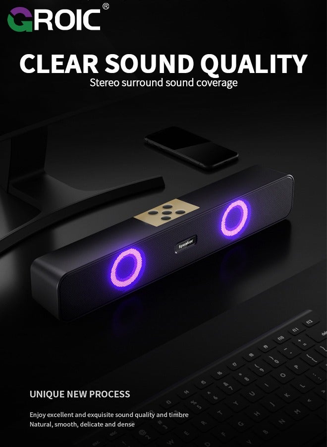 Computer Speakers Desktop Soundbar HiFi Stereo Audio RGB Mini Sound Bar External Speaker with Bluetooth AUX-in Wired USB Powered Volume Control for PC Laptop Tablets Monitor