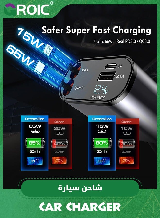 Retractable Car Charger,120W 4 in 1 Super Fast Charge Car Phone Charger,Retractable Cables,and 2 USB Ports Car Charger Adapter for iPhone,Pad,Samsung