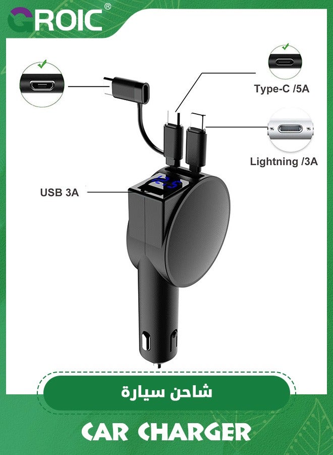 Ultra-Small Retractable Car Charger 60W,4 in 1 Retractable Phone Charger for Car Super Fast Car Charger with Retractable Cord X2 and USB A Charging Port,Car Phone Charger Adapter