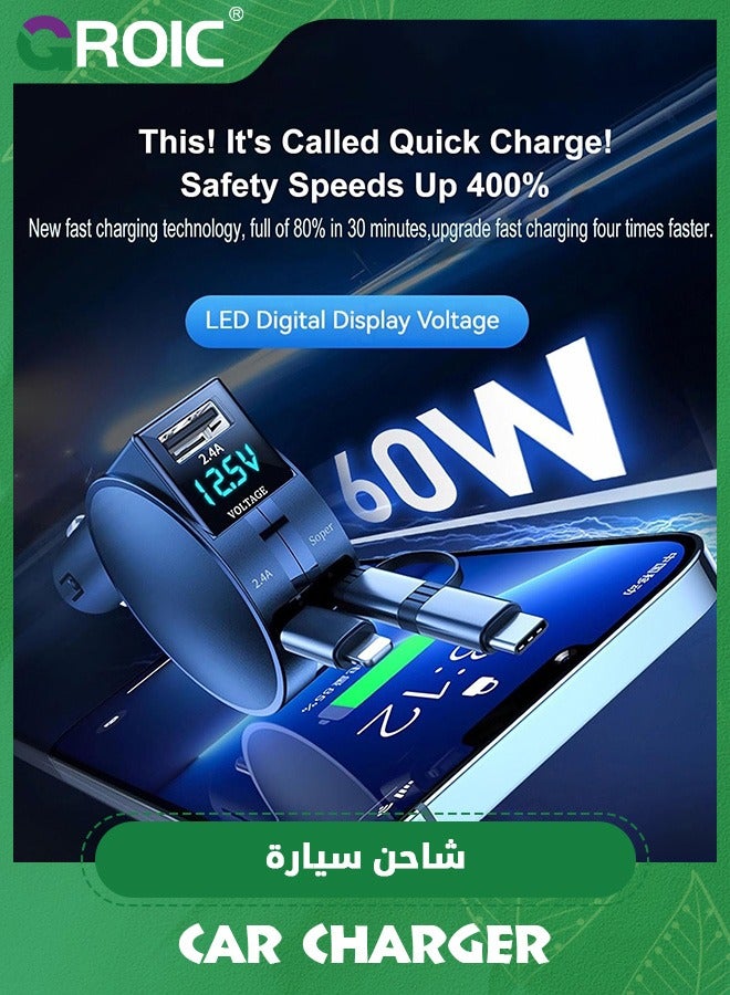 Ultra-Small Retractable Car Charger 60W,4 in 1 Retractable Phone Charger for Car Super Fast Car Charger with Retractable Cord X2 and USB A Charging Port,Car Phone Charger Adapter