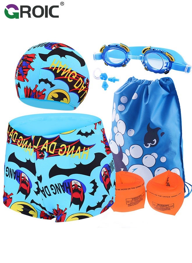 6-Pieces Kids Swim Goggles Set, Batman Swim Caps, Swim Goggles, Batman Swim Trunks, Swim Wing, Swim Nose Clip, Swim Earplug and Bag, Water Sports Learning Swimming Training Aids for 28-38Lb Kids