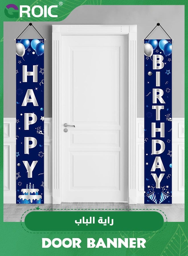 Blue Silver Happy Birthday Door Banner Decorations,Happy Birthday Banner Porch Sign Party Supplies,Birthday Decoration,Birthday Supplies