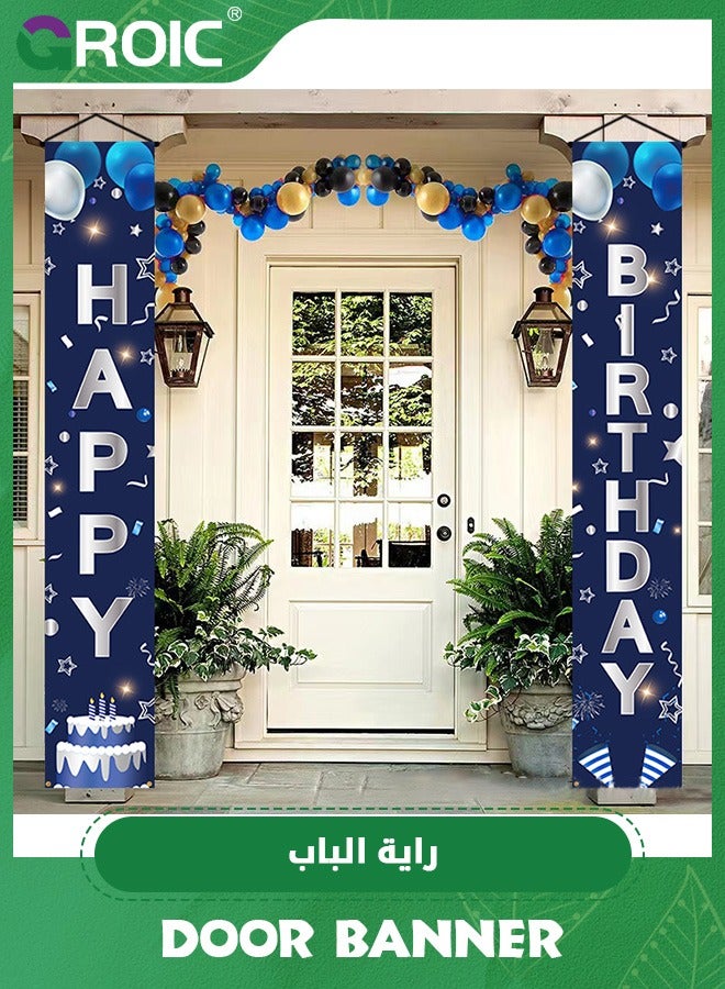 Blue Silver Happy Birthday Door Banner Decorations,Happy Birthday Banner Porch Sign Party Supplies,Birthday Decoration,Birthday Supplies