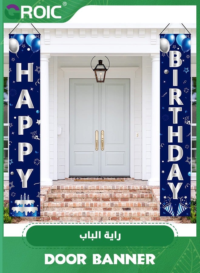 Blue Silver Happy Birthday Door Banner Decorations,Happy Birthday Banner Porch Sign Party Supplies,Birthday Decoration,Birthday Supplies