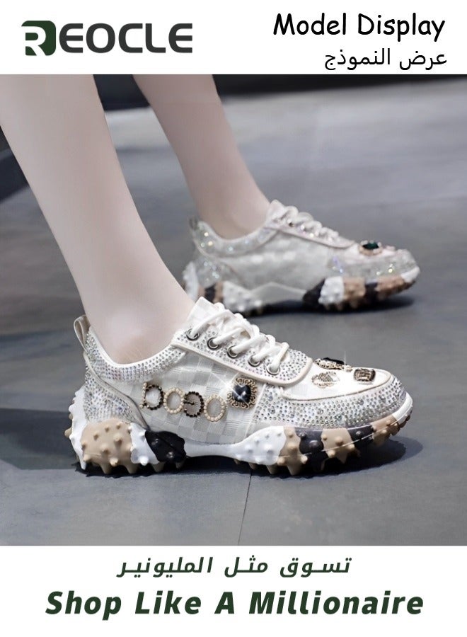 Women's Chunky Sneakers with Rhinestone New Thick Soled Casual Sports Mesh Shoes Casual Comfortable Lace Up Walking Sneakers