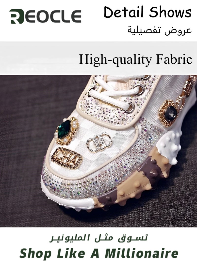 Women's Chunky Sneakers with Rhinestone New Thick Soled Casual Sports Mesh Shoes Casual Comfortable Lace Up Walking Sneakers