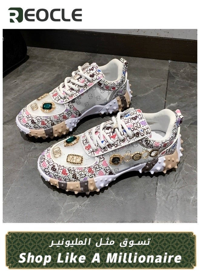 Women's Chunky Sneakers with Rhinestone New Thick Soled Casual Sports Mesh Shoes Casual Comfortable Lace Up Walking Sneakers