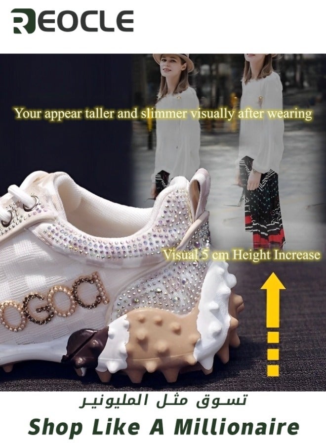 Women's Chunky Sneakers with Rhinestone New Thick Soled Casual Sports Mesh Shoes Casual Comfortable Lace Up Walking Sneakers